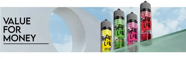Header image with text reading "value for money" depicting four bottles of Shortliq against a clear sunny background