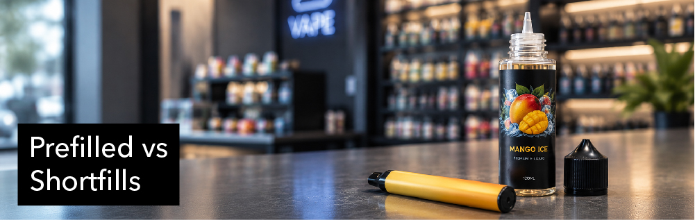 Shortfill e-liquid bottle and prefilled vape comparison