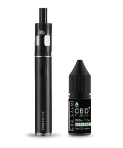CBD vape kit with device and oil standing side-by-side