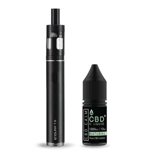 CBD vape kit with device and oil standing side-by-side