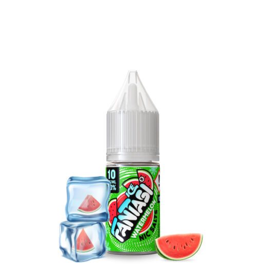 fantasi watermelon ice nic salt e liquid product image with ice cube and watermelon graphics