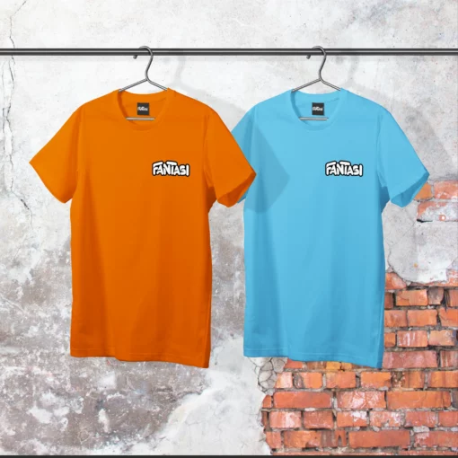 Image showing a fantasi two fantasi branded t shiorts 1 orange and one blue with large fantasi logo on the back nd small logo on the chest