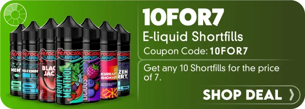 10 for 7 e-liquid shortfills coupon code vape deal graphic