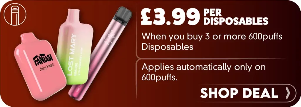 3.99 per disposable vape 600 puffs when you buy 3 or more coupon code vape deal graphic